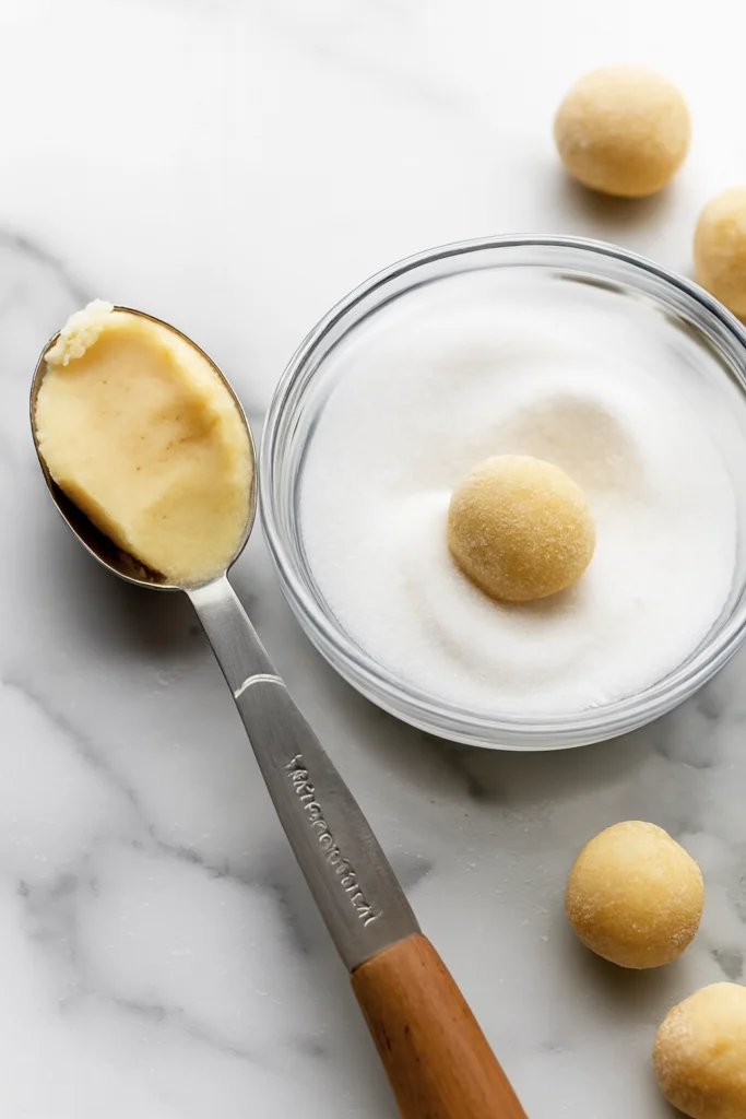 Lemon thumbprint cookie dough ball rolled in sugar before baking
