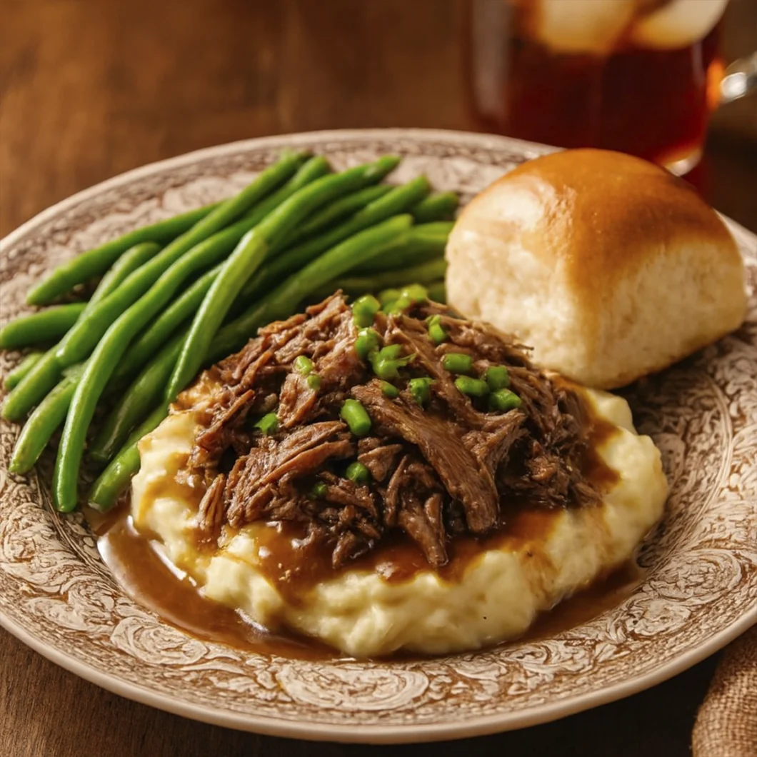 Mississippi pot roast served over mashed potatoes with gravy and green onions, green beans, dinner roll, and iced tea on a floral plate