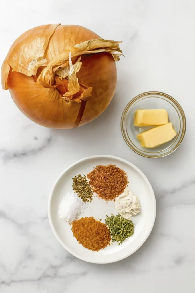 Cooking ingredients including onion, butter, and assorted spices on marble surface