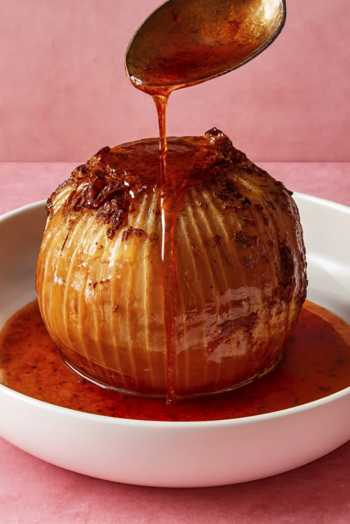 Whole roasted onion drizzled with rich sauce in a white dish on pink background