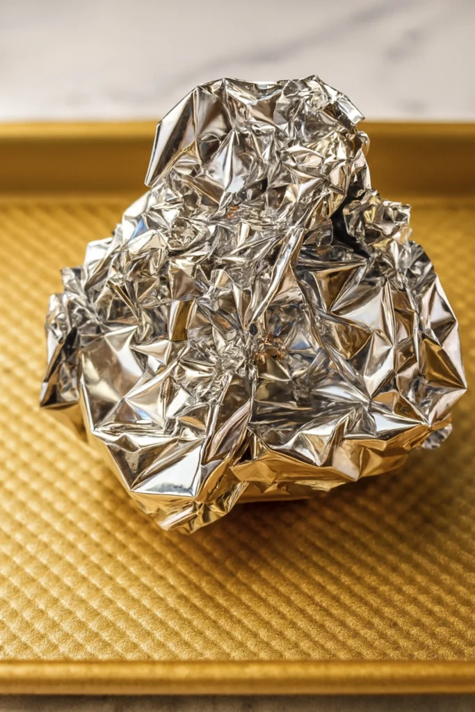 Crumpled aluminum foil on golden baking sheet