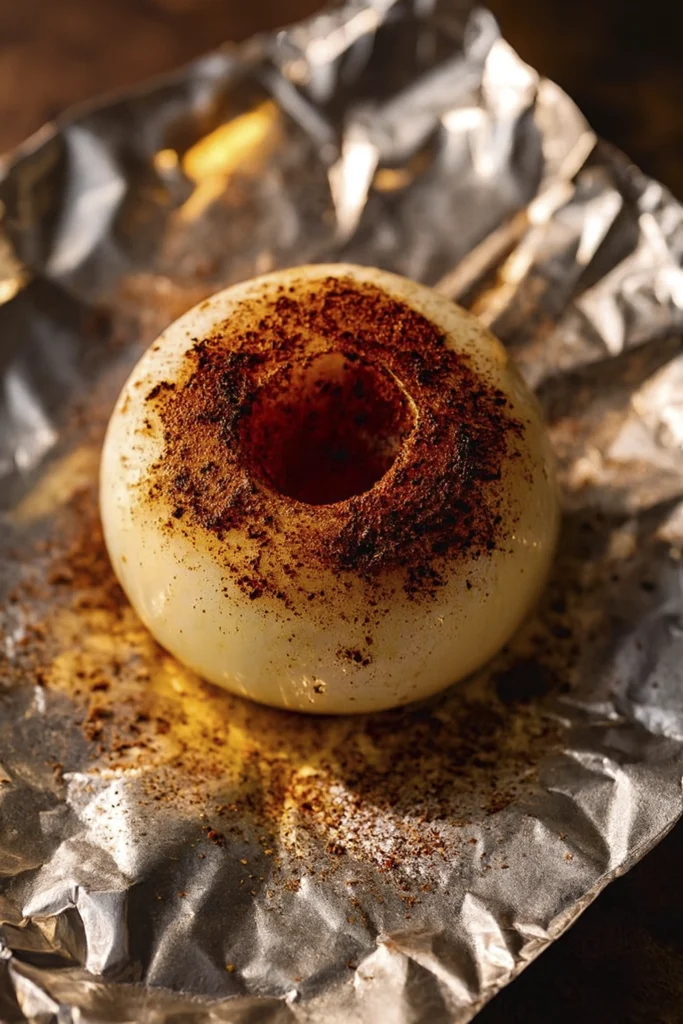 Seasoned onion in foil with paprika filling ready for roasting