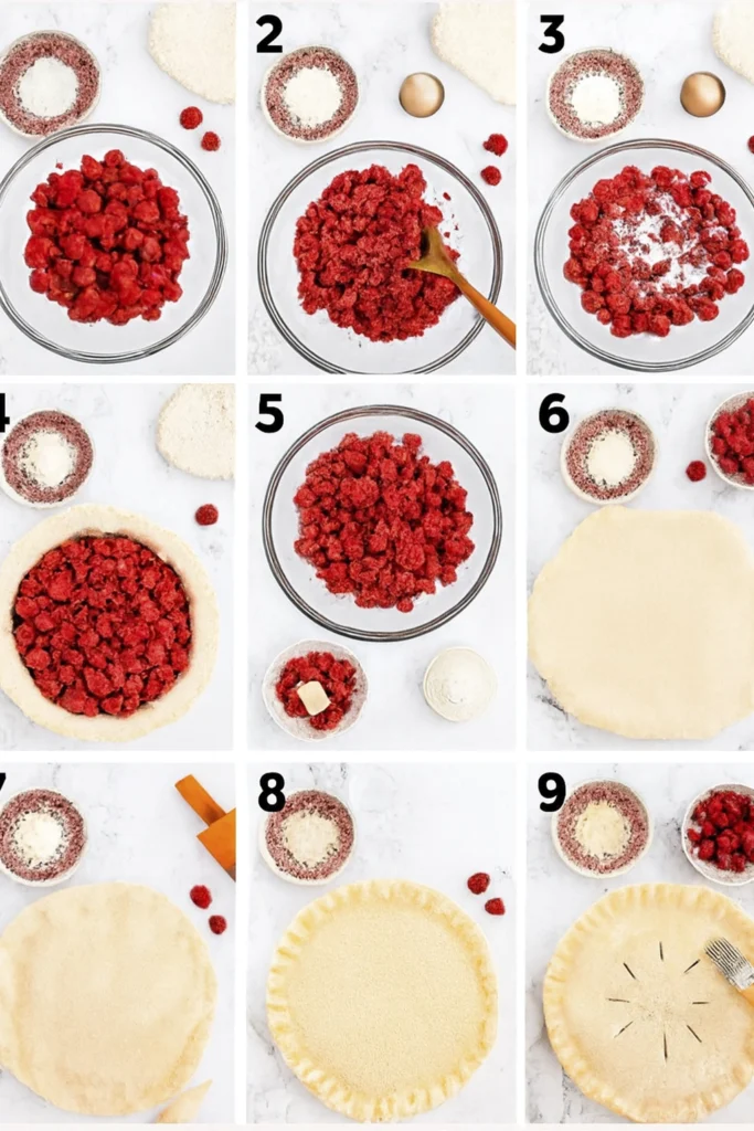 3x3 grid showing step-by-step raspberry pie preparation from mixing to baking