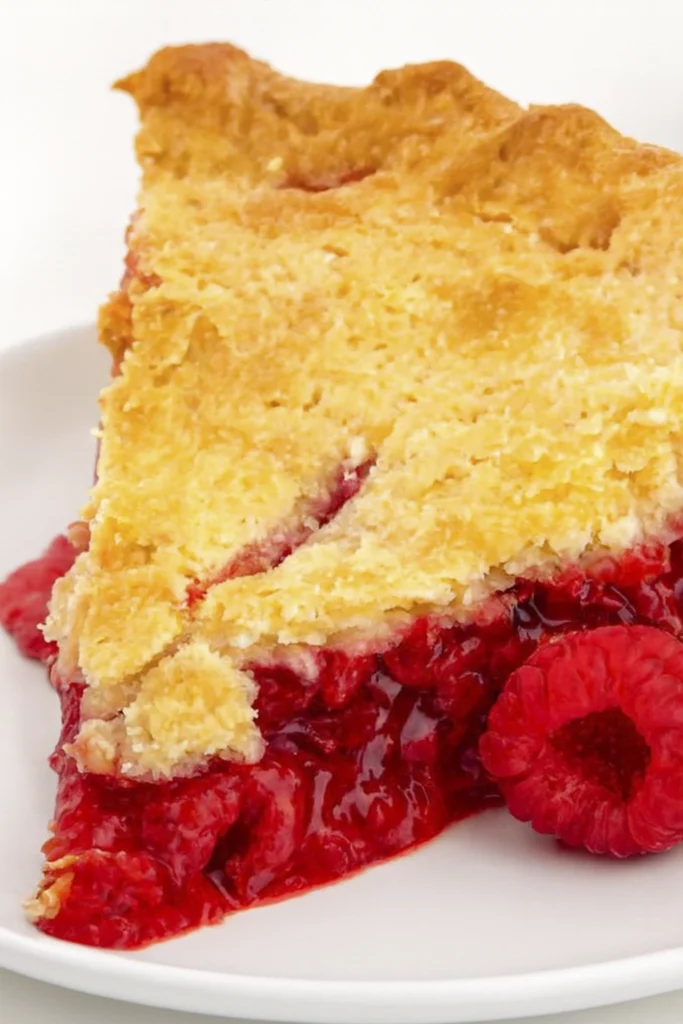 Raspberry pie slice topped with vanilla ice cream and fresh raspberries on a white plate