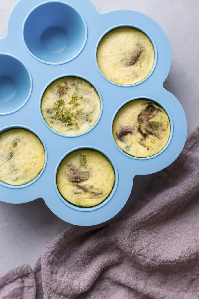 Blue silicone mold tray with cooked vegetable egg bites containing spinach, mushrooms, and red peppers.