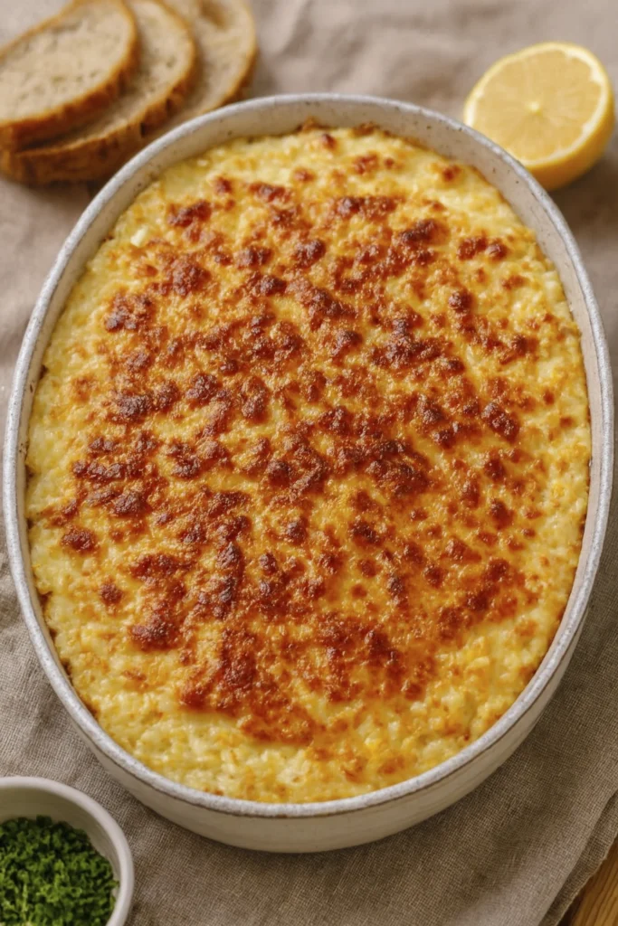 Rustic table setting with baked macaroni and cheese in oval ceramic dish, golden crust, bread and lemon garnish.