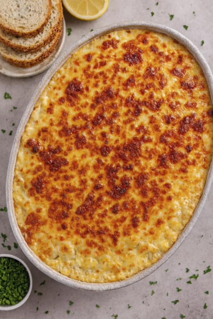 Macro detail of crispy golden cheese topping on baked macaroni and cheese.