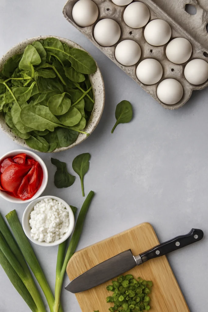 Fresh spinach, eggs, roasted red peppers, cottage cheese, and green onions arranged with a cutting board and knife.