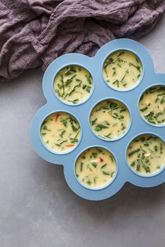 Blue silicone mold filled with uncooked vegetable egg bites mixture containing spinach and red peppers.
