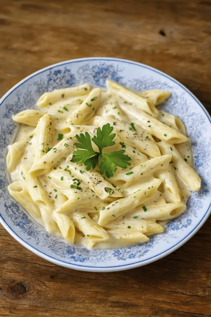 Close-up of creamy garlic pasta with Alfredo sauce and fresh parsley on a blue floral plate.