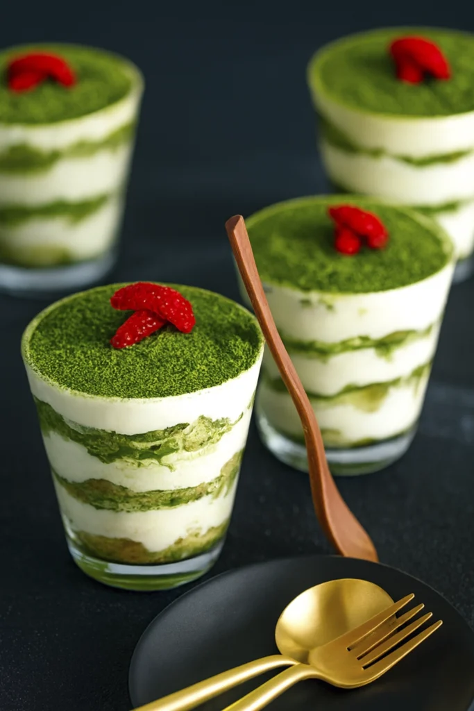 Glass cups of layered matcha tiramisu topped with matcha powder and raspberry garnish on a dark background.