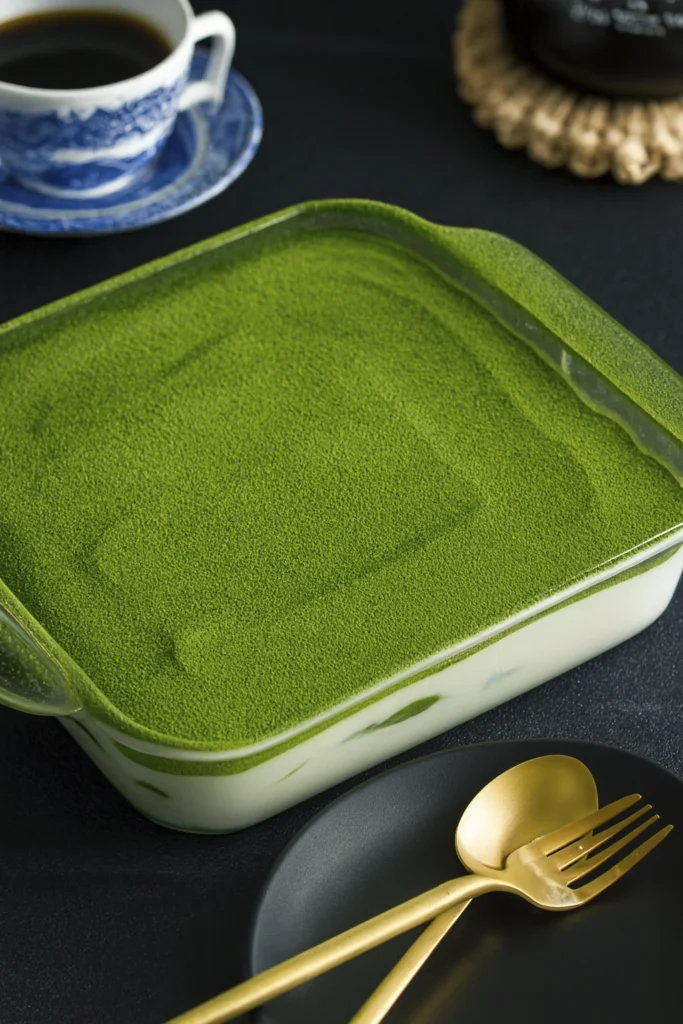 Square glass dish of matcha tiramisu topped with green matcha powder, served with coffee and gold utensils.