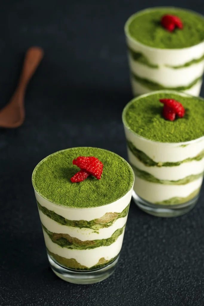Matcha tiramisu layered in clear glasses with creamy filling, matcha powder, and raspberry garnish.