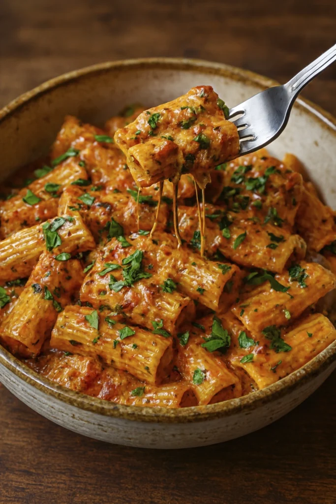 Fork lifting Creamy Tomato Garlic Pasta with melted cheese strands and tomato cream sauce.