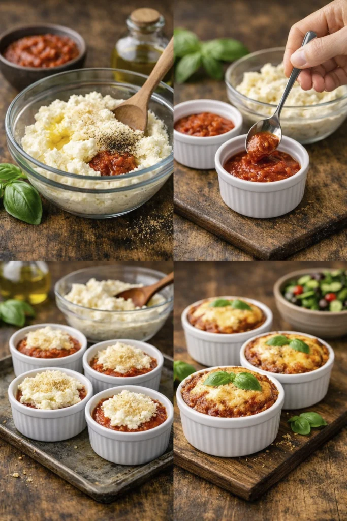 Bariatric ricotta bake preparation steps: spooning, baking, plating