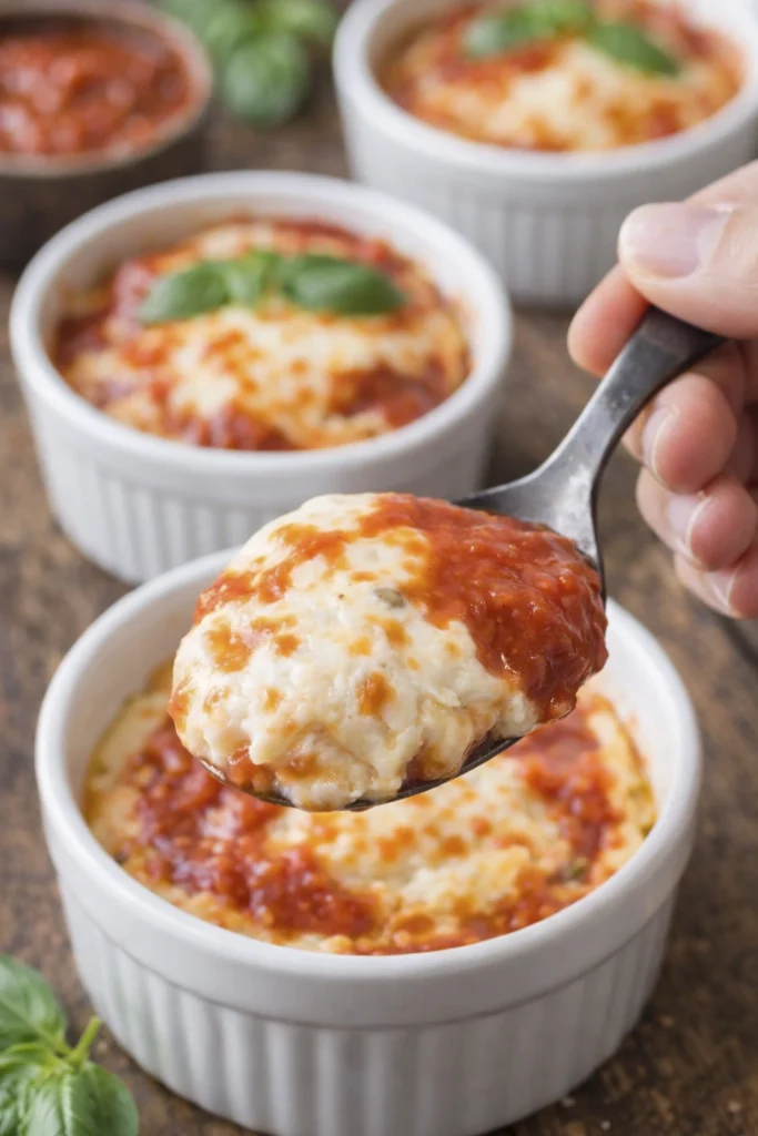 Hand scooping baked ricotta with marinara from ramekin, basil garnish