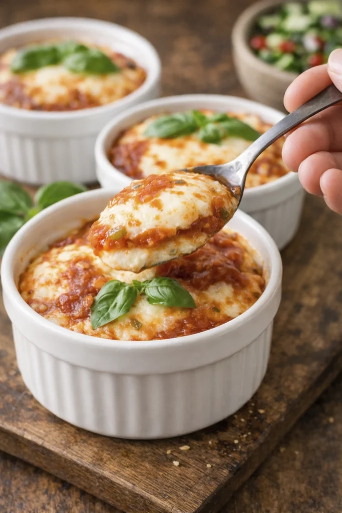 Spoonful of ricotta bake with tomato sauce, ramekins in background
