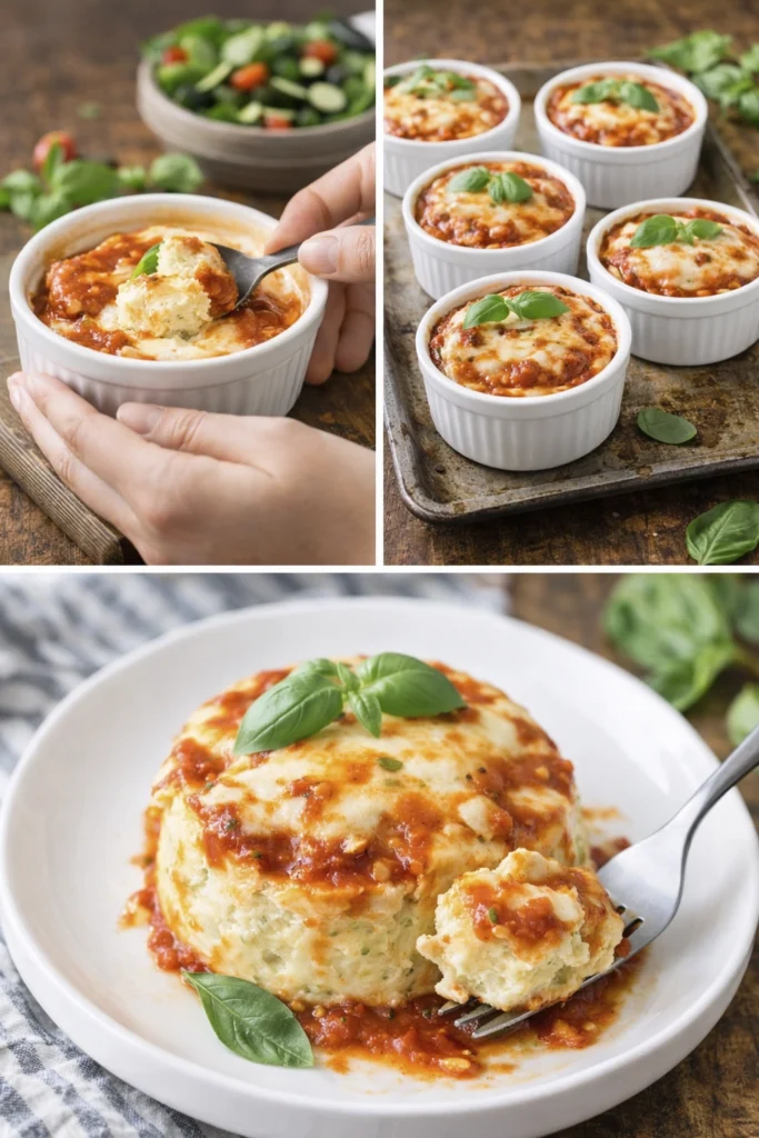 Ricotta bake preparation steps: mixing, layering, baking, garnishing