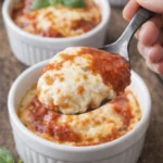 Plated Ricotta Bake Bariatric Recipe with tomato sauce and basil, salad in background