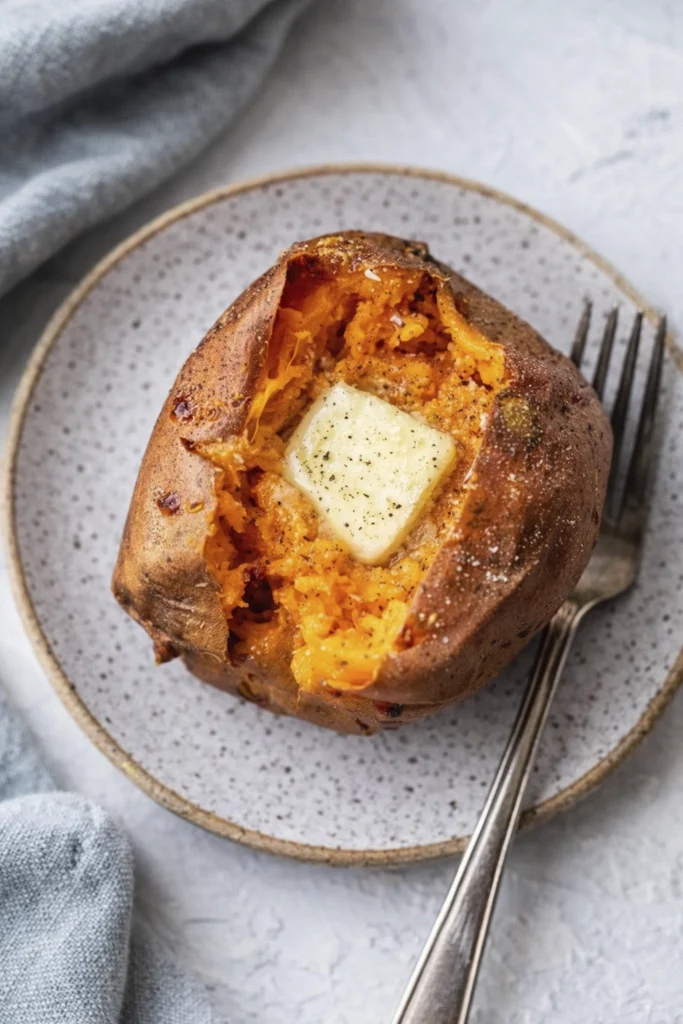 Air fryer sweet potato with butter melting and black pepper seasoning