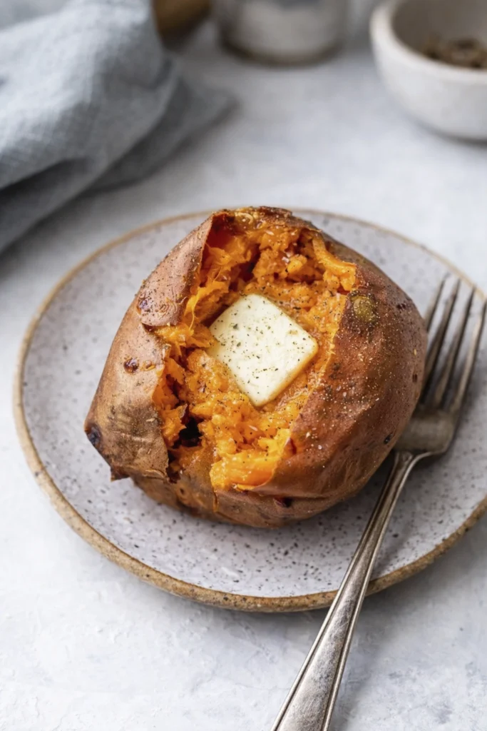 Baked sweet potato topped with melting butter and black pepper in air fryer basket