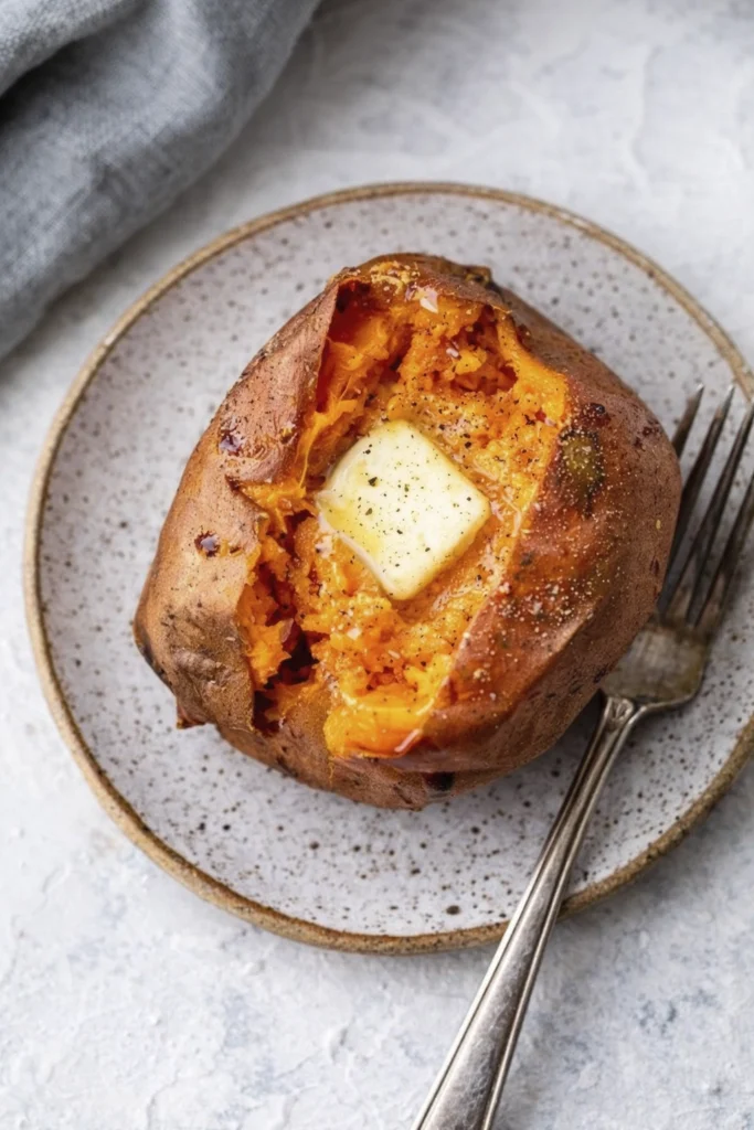Air fryer baked sweet potato with melting butter and black pepper