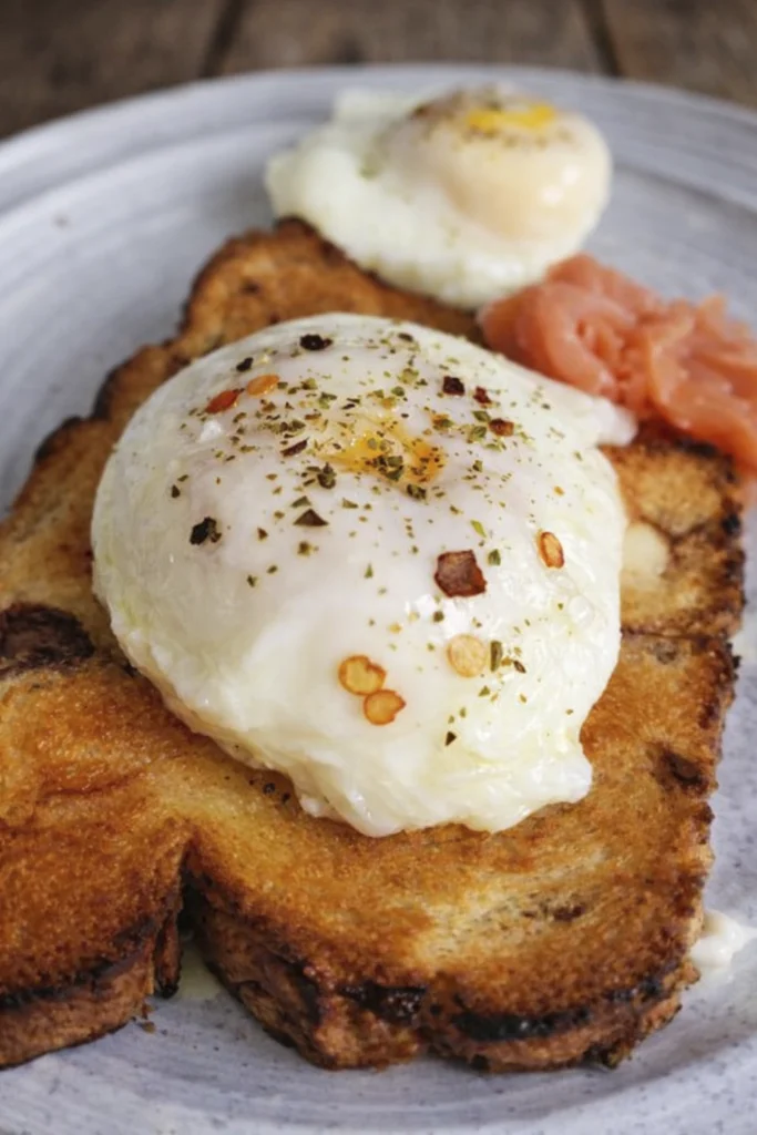 Poached eggs on toast with smoked salmon breakfast plate