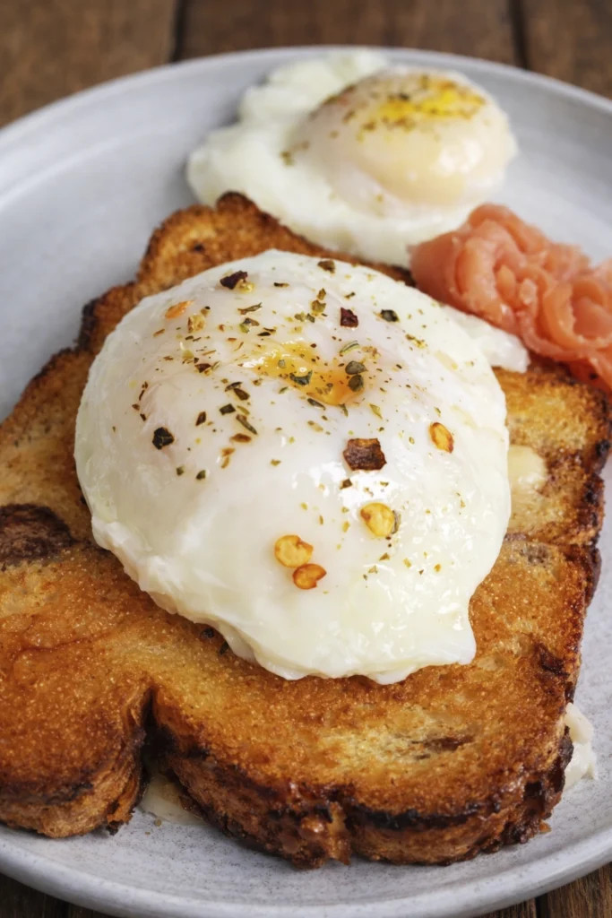 Poached egg with runny yolk on toast and smoked salmon