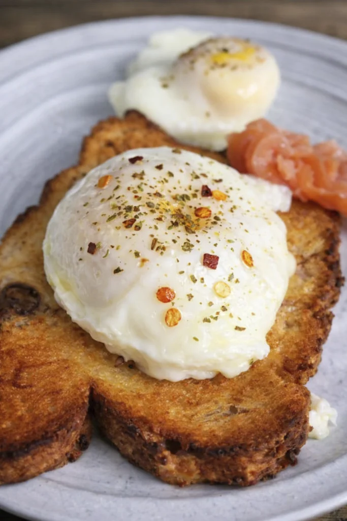 Poached egg on toast with herbs and smoked salmon