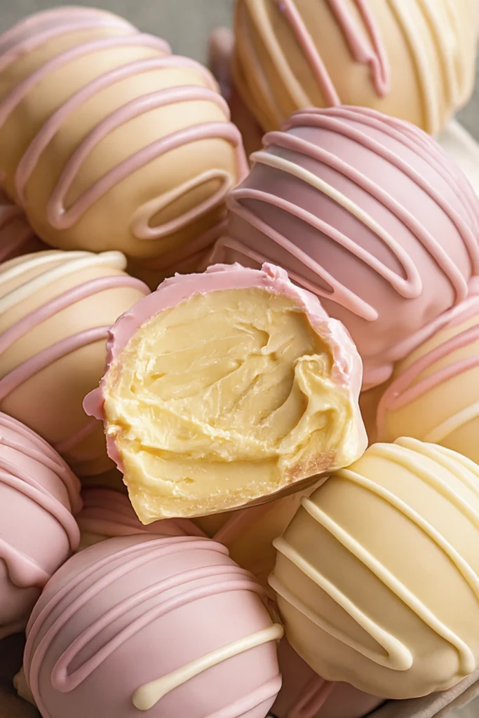 Banana Pudding Easter Truffles with pastel chocolate coating and creamy banana pudding filling