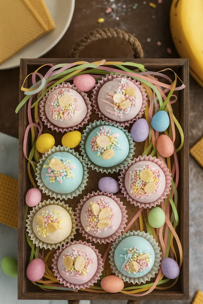 Banana Pudding Easter Truffles in pastel colors with sprinkles and candy eggs