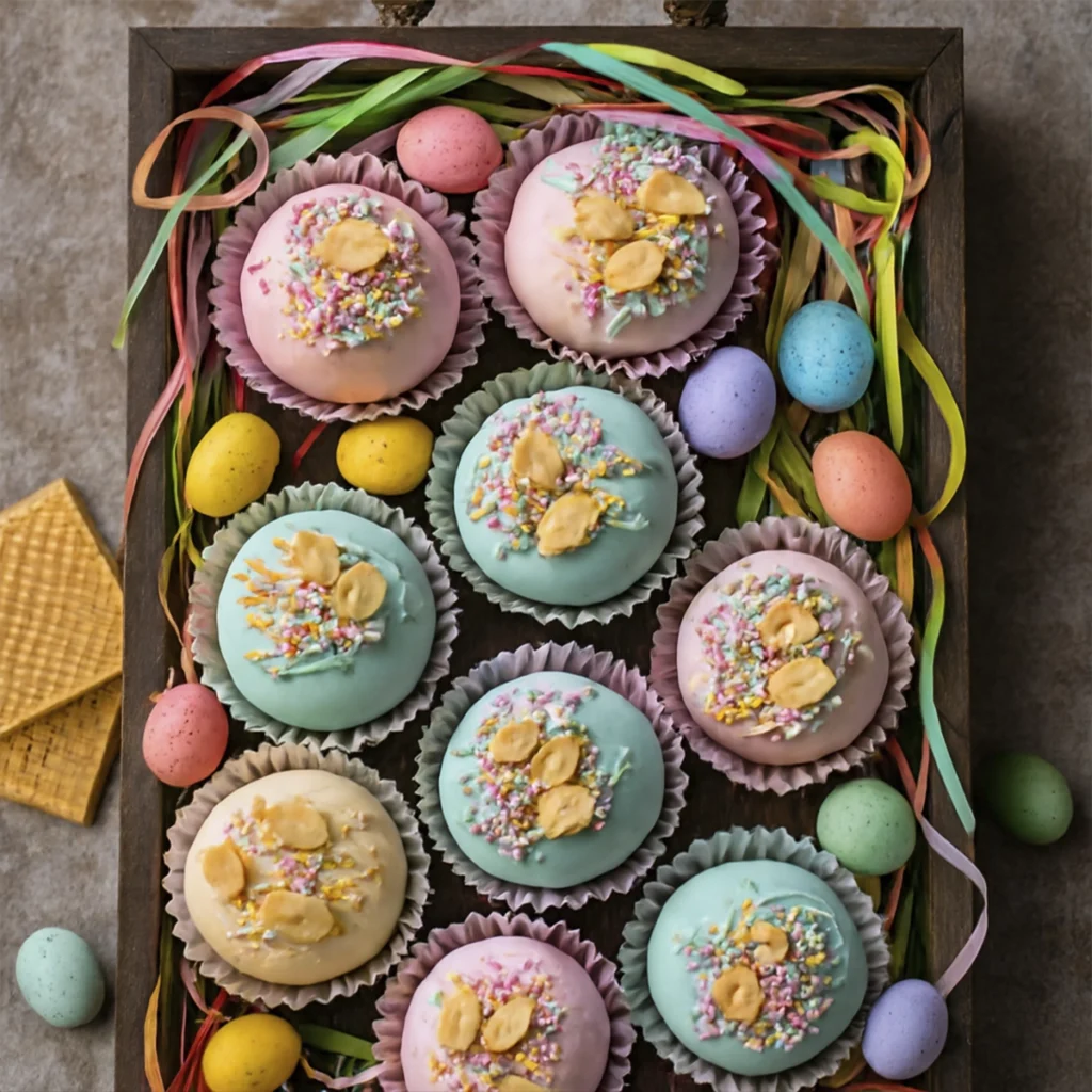 Banana Pudding Easter Truffles decorated with bunny paw prints and pastel sprinkles