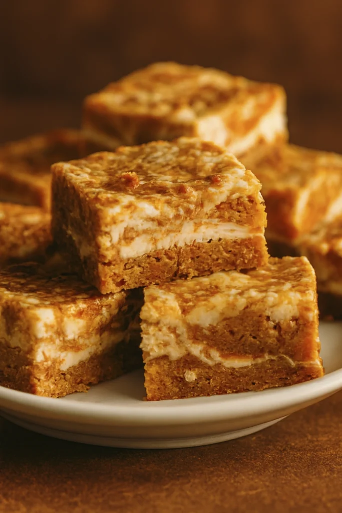 Carrot cake bars with creamy cheesecake swirl and golden-brown baked topping on a plate.