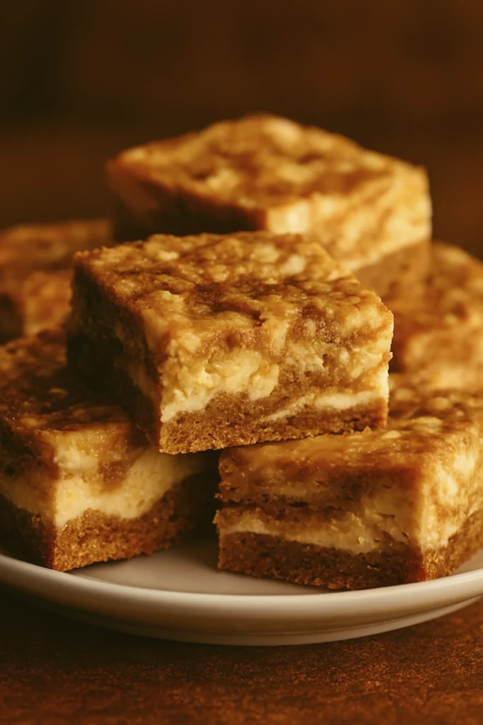 Freshly baked carrot cake bars with shredded carrots, warm spices, and creamy frosting topping, cut into squares and served on a plate.