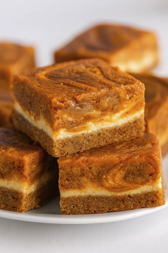 Moist carrot cake bars with spiced layers, shredded carrots, and creamy frosting topping arranged on a serving plate.