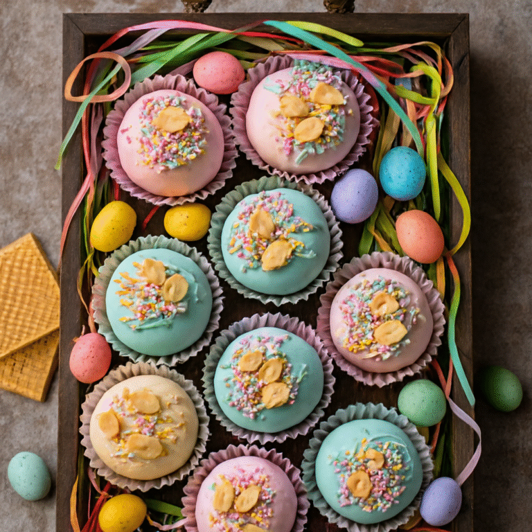 Banana Pudding Easter Truffles decorated with bunny paw prints and pastel sprinkles