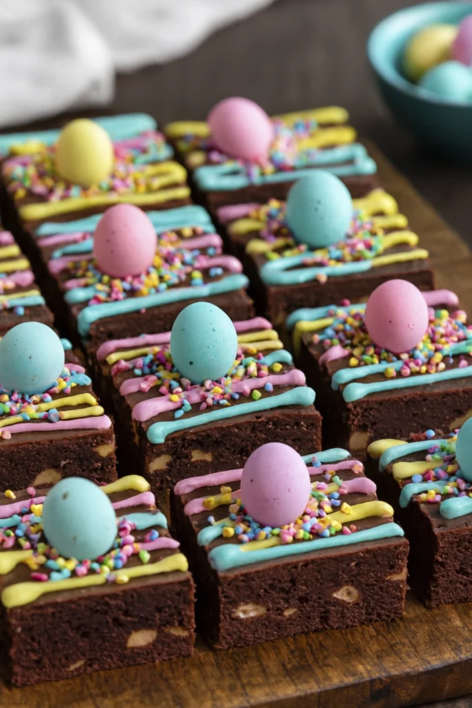 Easter brownies topped with pastel icing, sprinkles, and candy eggs on a wooden surface