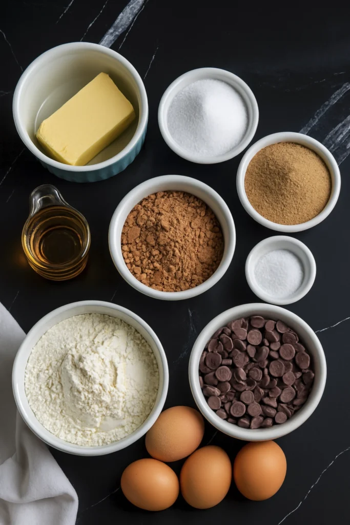 Easter brownies baking ingredients including butter, sugar, cocoa, flour, eggs, and chocolate chips