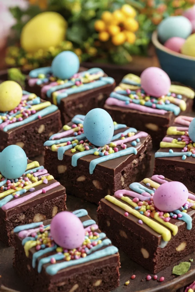 Easter brownies topped with pastel icing, sprinkles, and candy eggs with spring floral decor