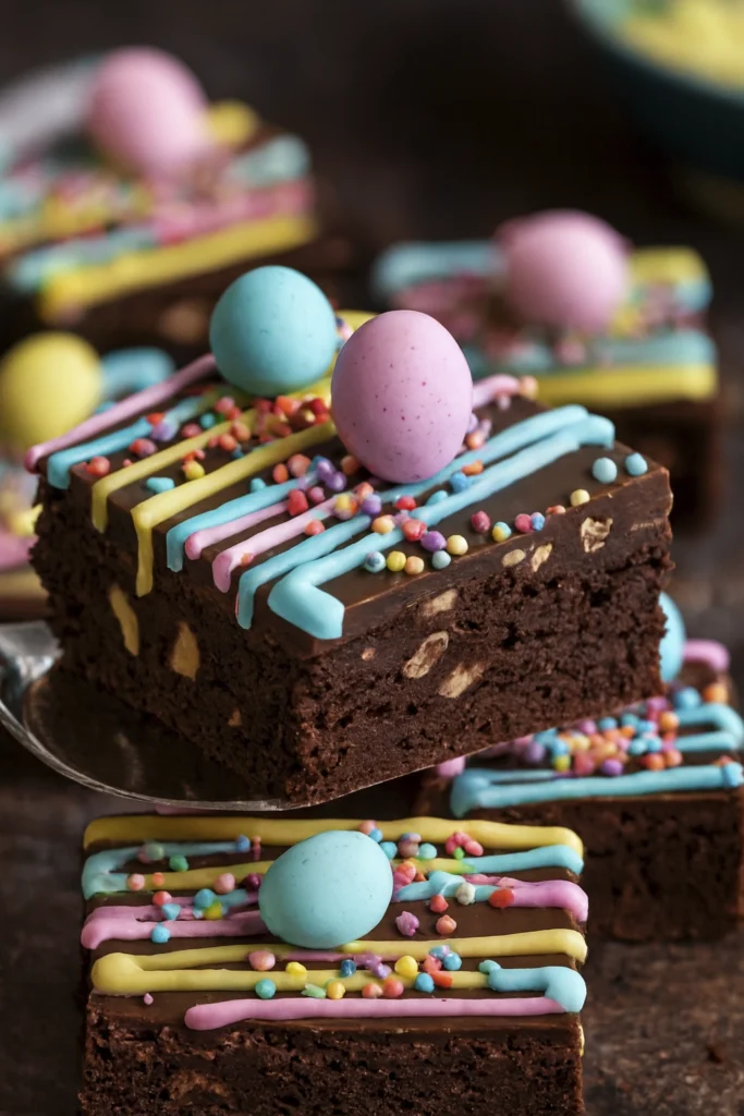 Chocolate Easter brownies decorated with pastel stripes, sprinkles, and candy eggs