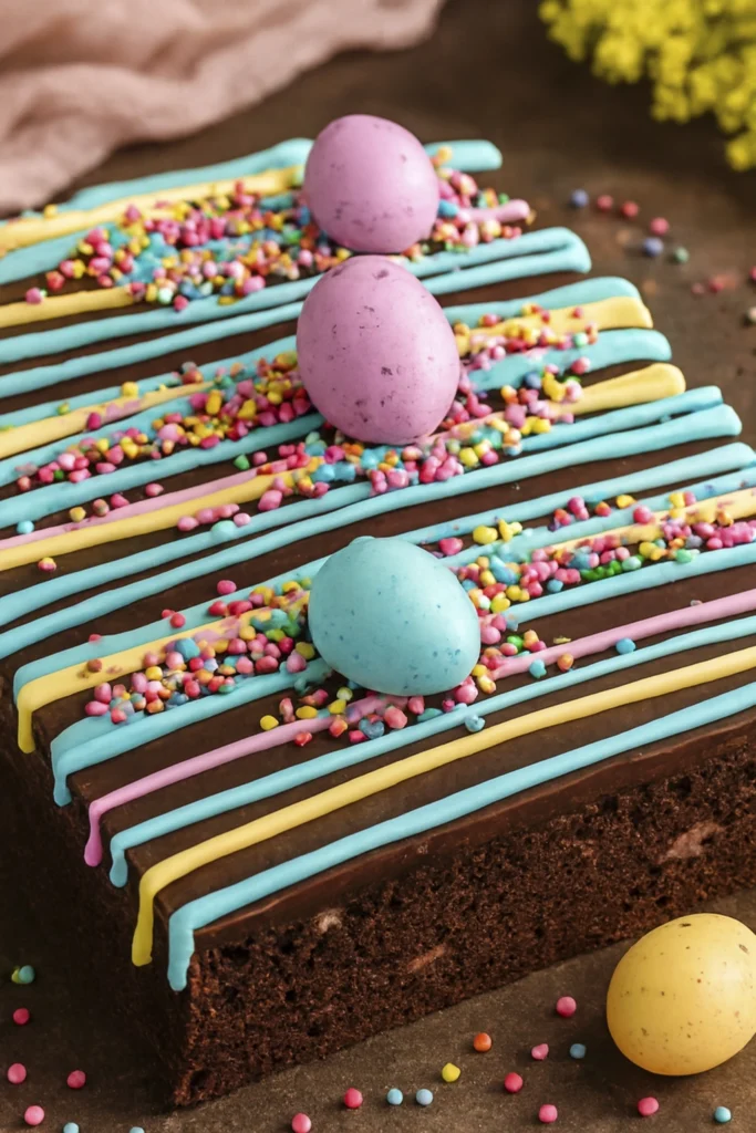 Rectangular chocolate Easter cake topped with pastel icing stripes, sprinkles, and candy eggs
