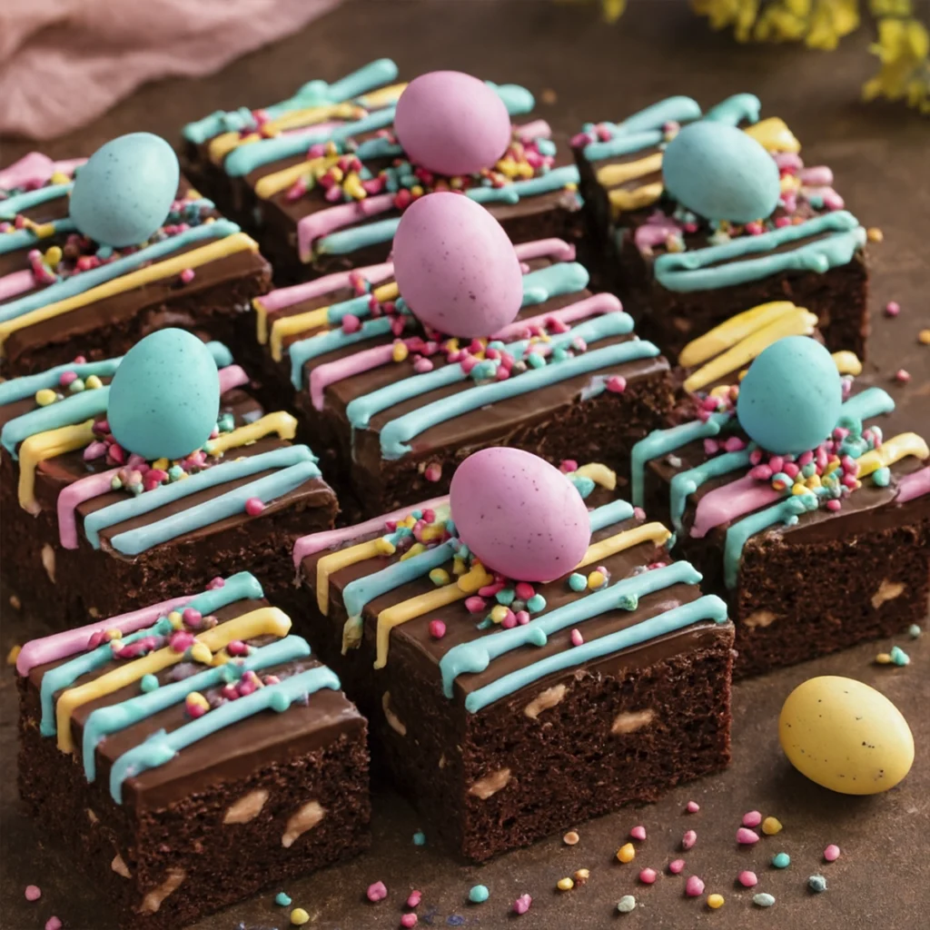 Grid of Easter brownies decorated with pastel stripes, sprinkles, and candy eggs