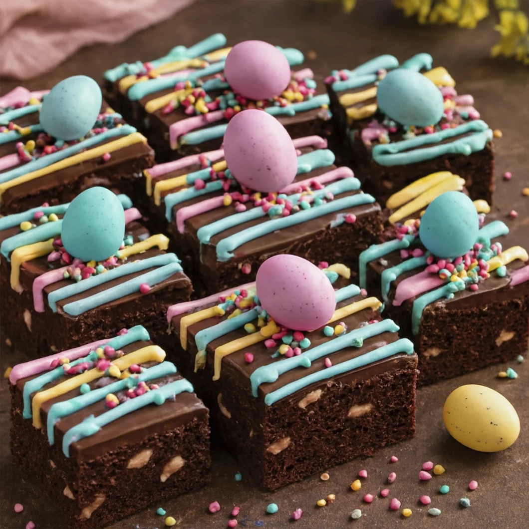 Grid of Easter brownies decorated with pastel stripes, sprinkles, and candy eggs