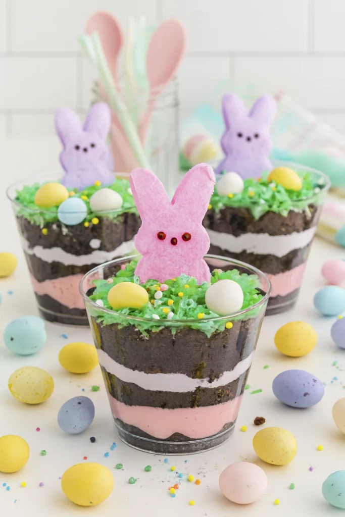 Playful Easter dirt cups with pink cream, cookie crumbs, green coconut grass, sprinkles, candy eggs, and marshmallow bunny Peeps.