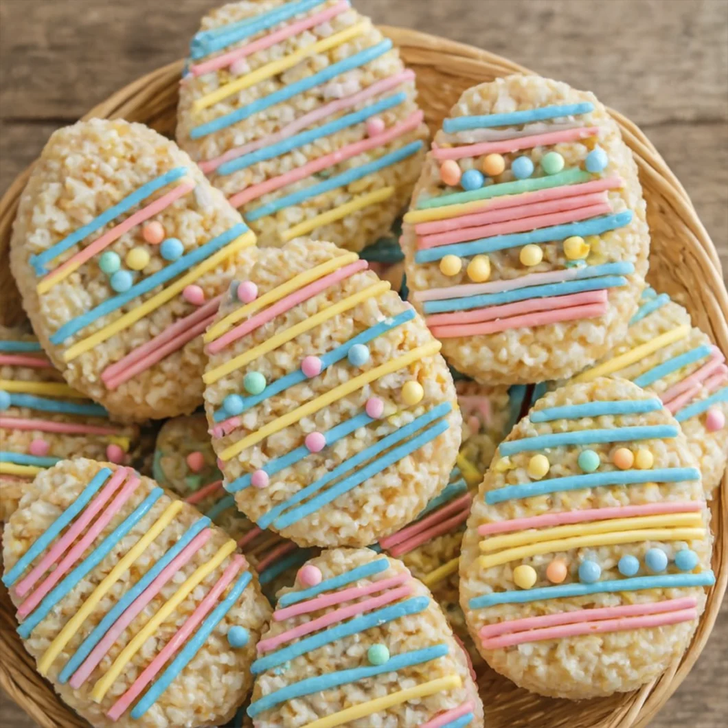 Basket of Easter rice crispy egg treats decorated with pastel icing and candy dots
