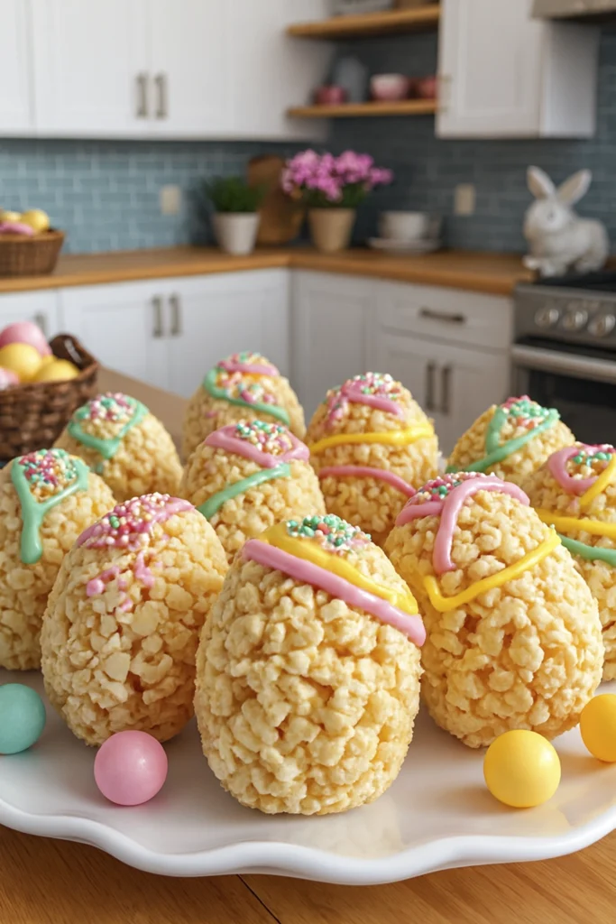 Delightful Easter rice crispy egg treats with pastel frosting and glitter sprinkles.