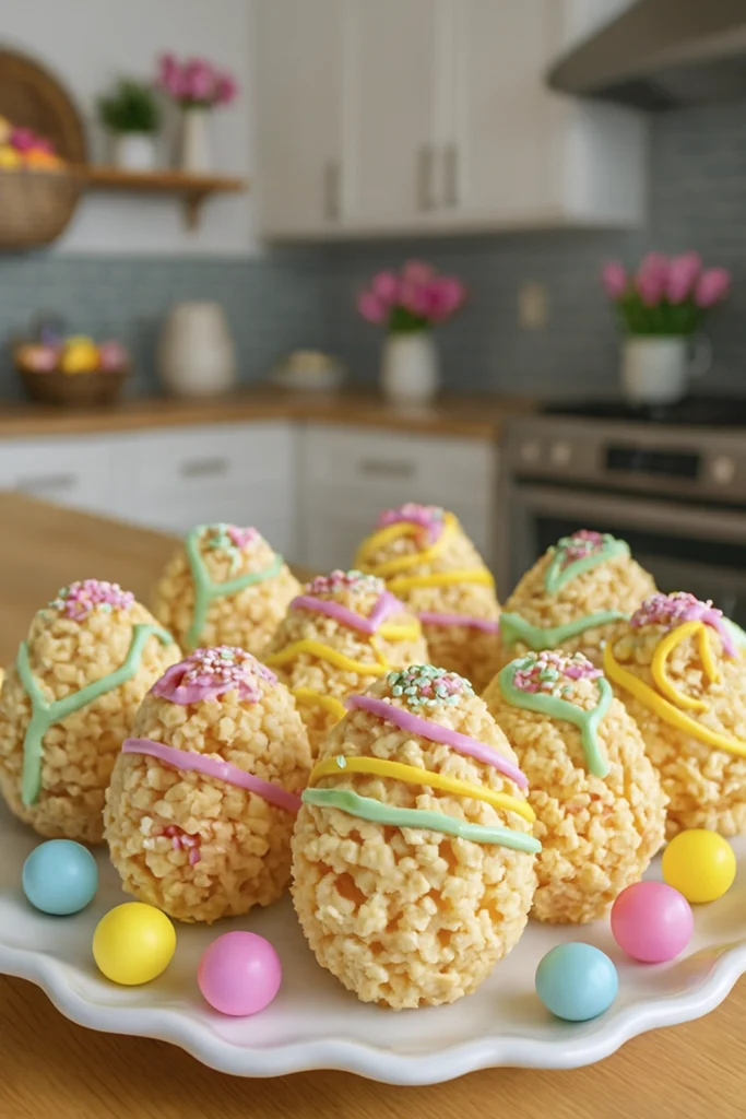 Charming Easter rice crispy egg treats decorated with pastel icing swirls and rainbow sprinkles.