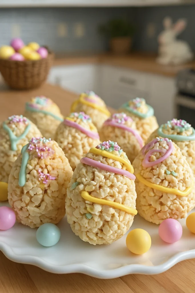Whimsical Easter rice crispy egg treats decorated with pastel frosting and sprinkles on a festive plate.