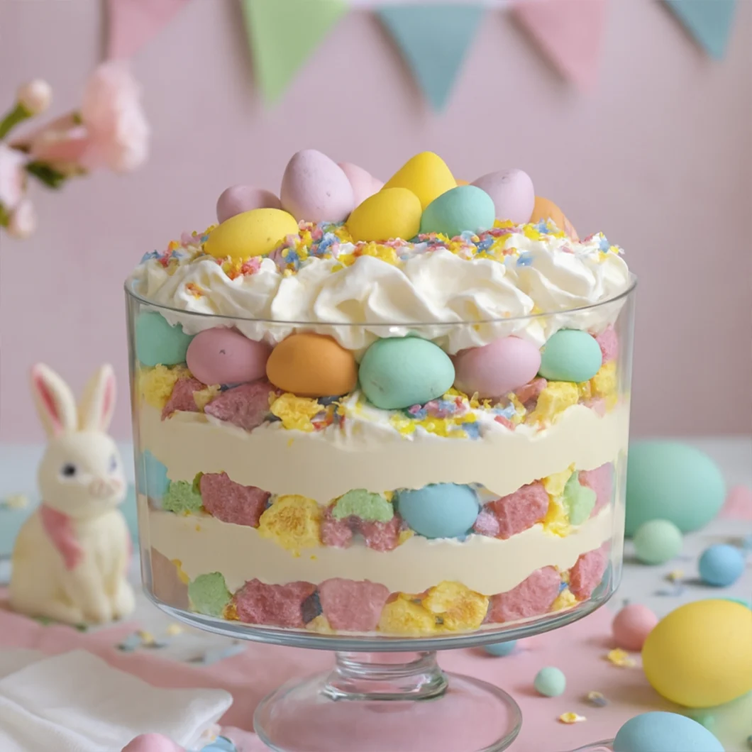Easter trifle with pastel cake layers, whipped cream, candy eggs, and spring decorations