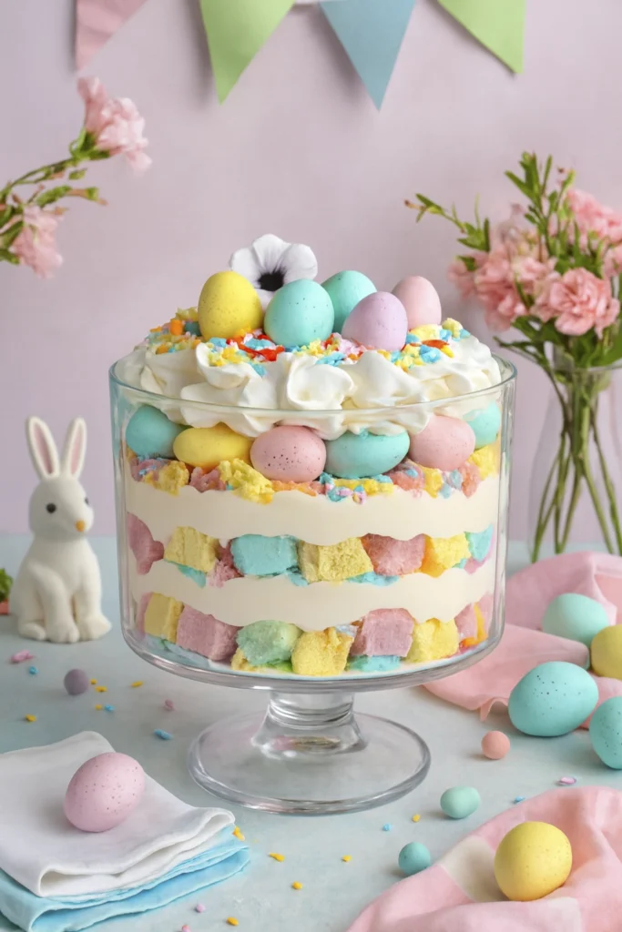 Layered Easter trifle with whipped cream, candy eggs, and rainbow sprinkles